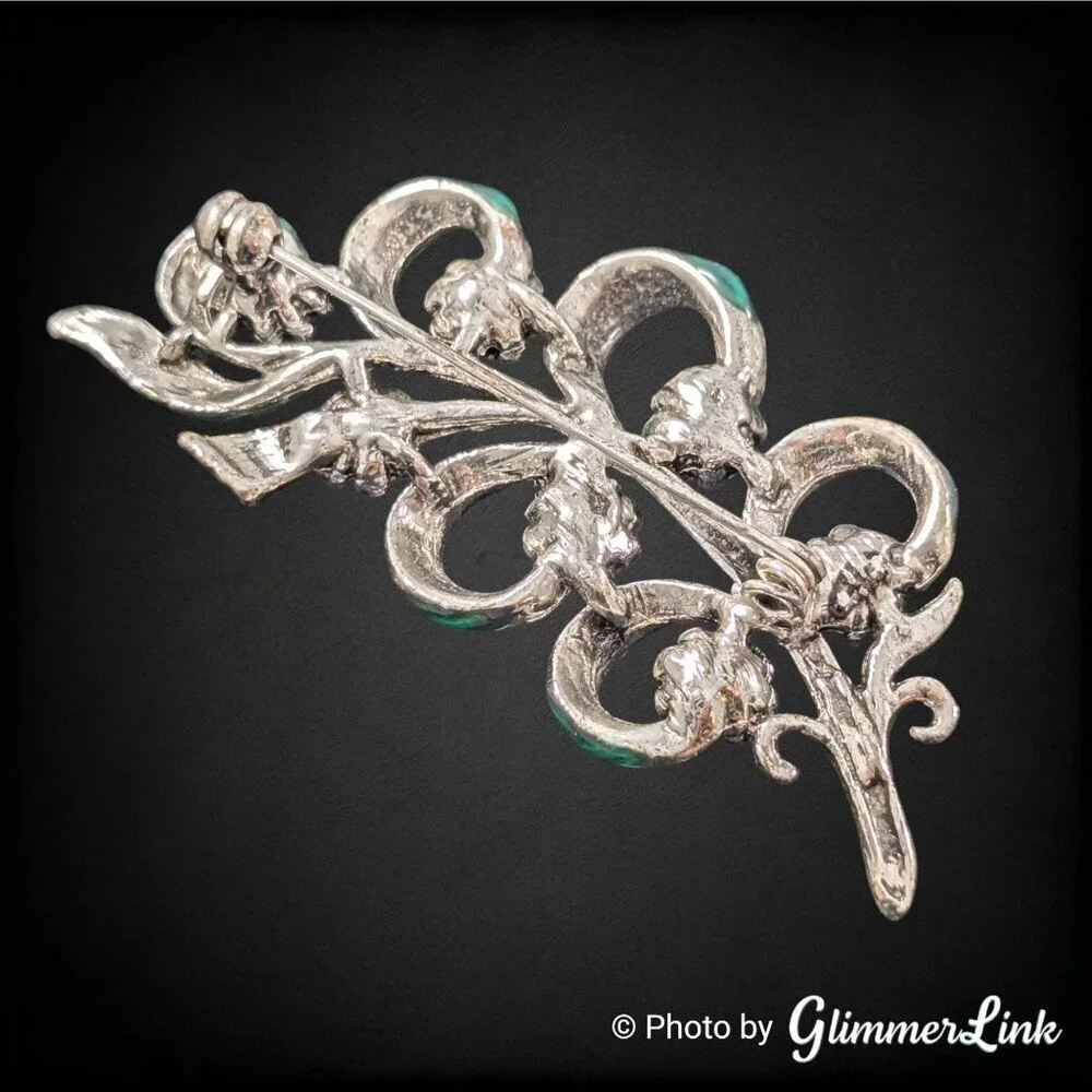Vintage Enamel Rhinestone Leaf Brooch Silver Tone Green Ribbon Curl Design